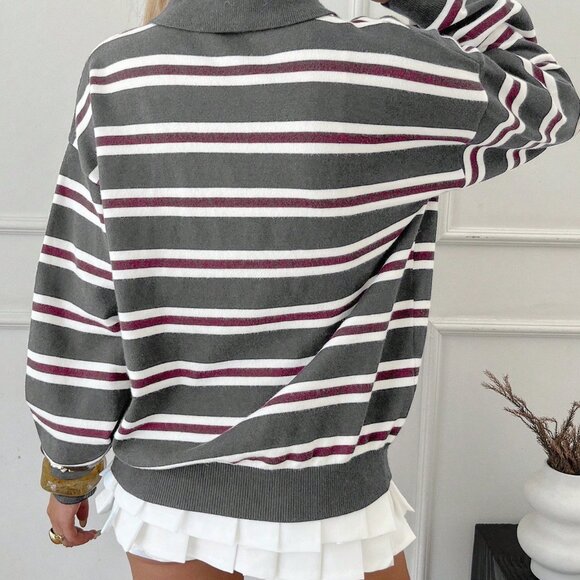 Dark Grey Women's Striped collar knit Sweater top - Picture 2 of 6